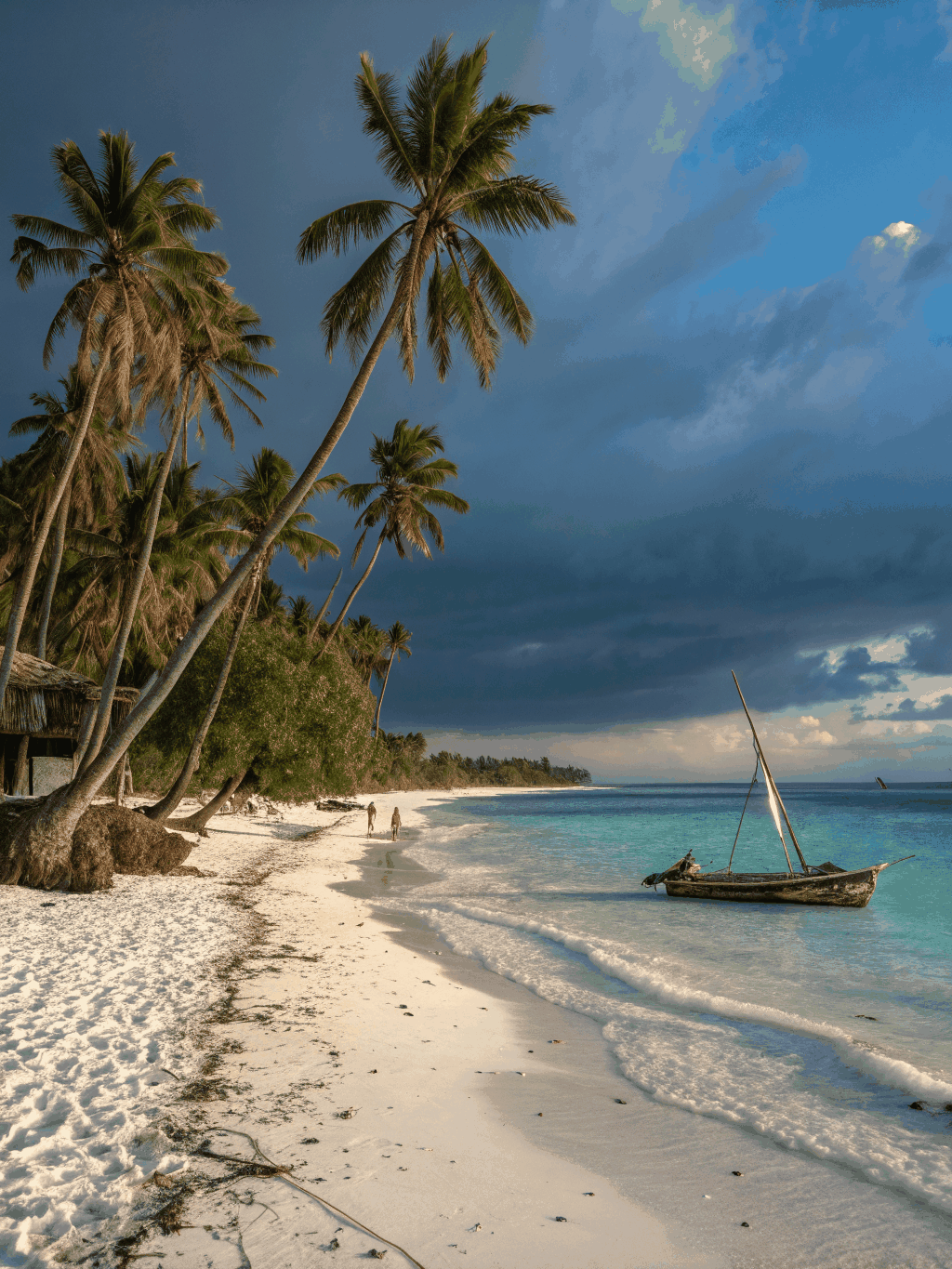 A breathtaking view of Diani Beach at sunrise with palm trees and turquoise waters