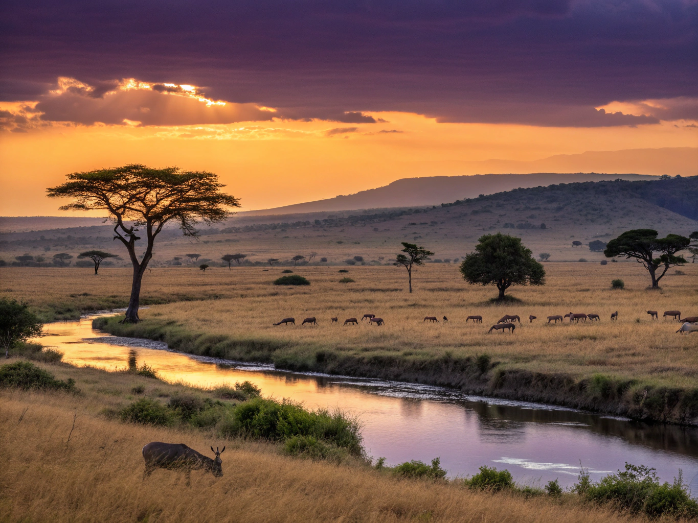 A breathtaking view of a Kenyan safari landscape at sunset